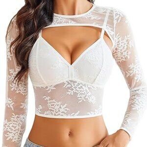 Sexy Y2K Lace Shrug Crop Top Set – Rave Festival Clubwear White